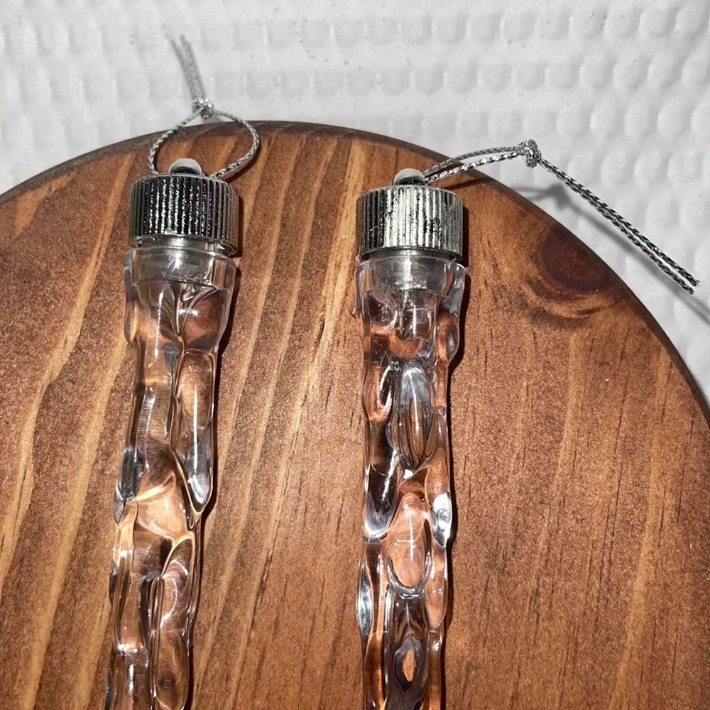 2 VTG Acrylic Plastic Icicle Christmas Ornaments Clear White Iridescent Twist